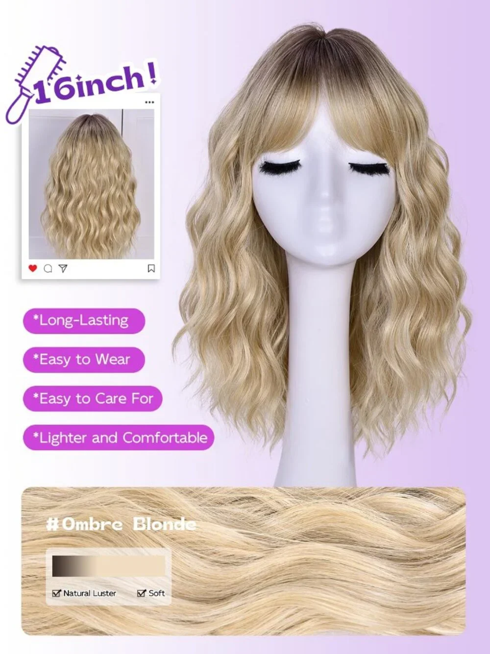 Women's Omber Blonde 14 Inch Natural Synthetic Short Curly Wavy Fiber Wigs